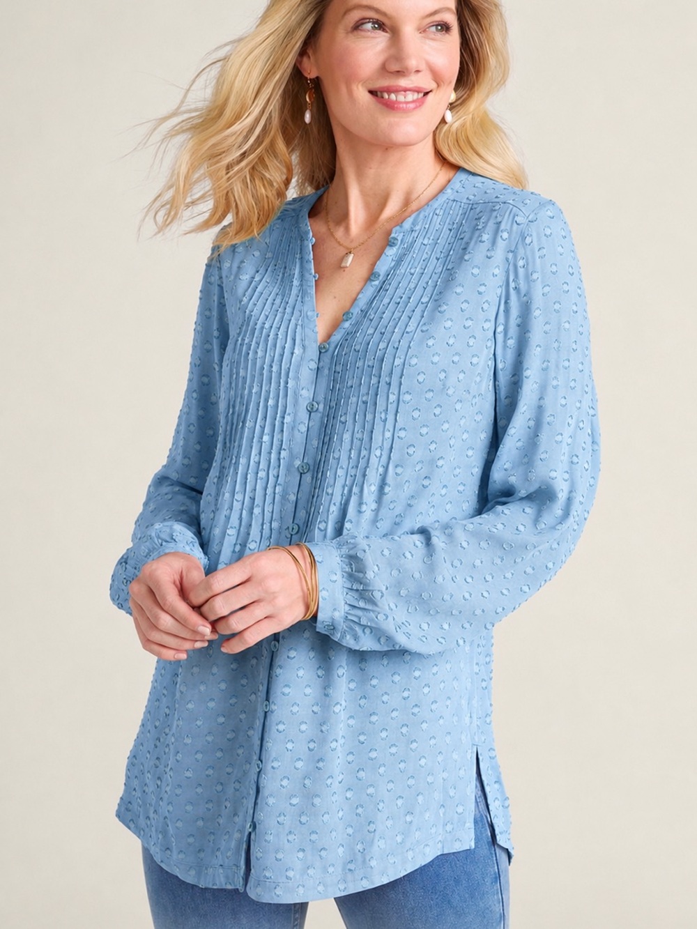 Soft Surroundings Light Blue Pintuck Rayon Blouse NWT Small